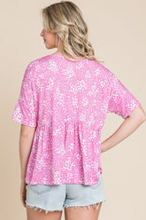 BOMBOM Elegant Floral Round Neck Peplum Blouse - Chic & Versatile
